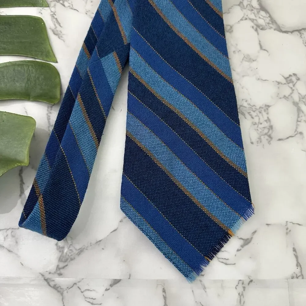 Karen Bulow Men's Vintage 80s Wool Neck Tie Blue Brown Stripe Raw Edge Canada